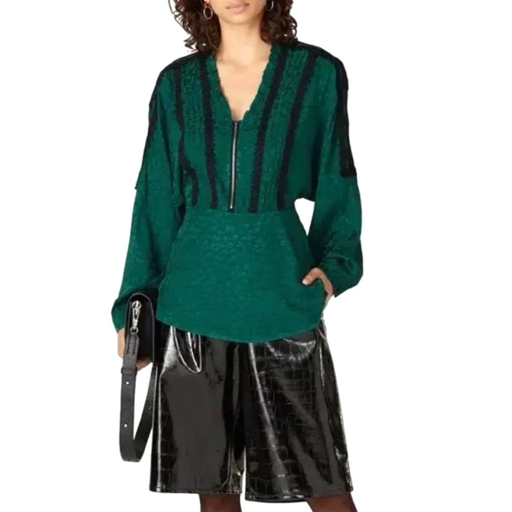 Kochè elegant emeral green blouse romantic black lace embroidered  women's 36
